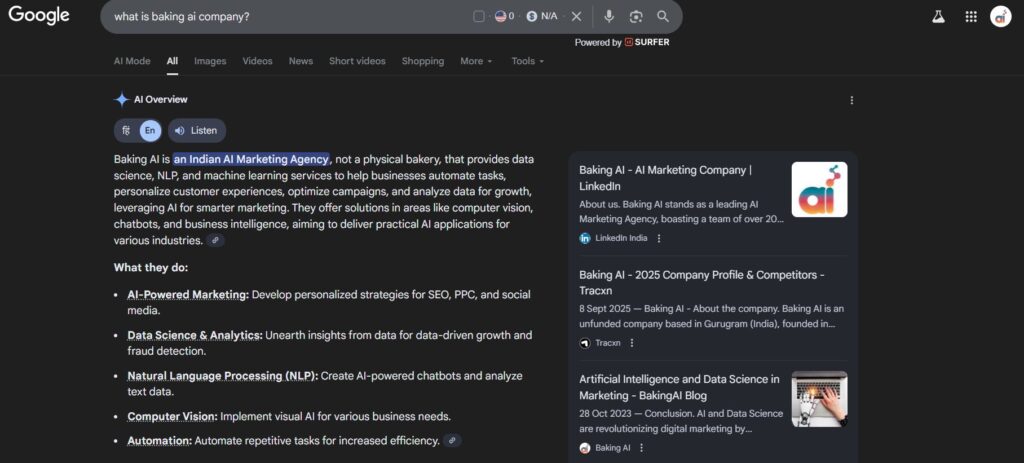 AI-generated search results highlighting how answer engines display content. | Baking AI - India's Top AI Marketing Company